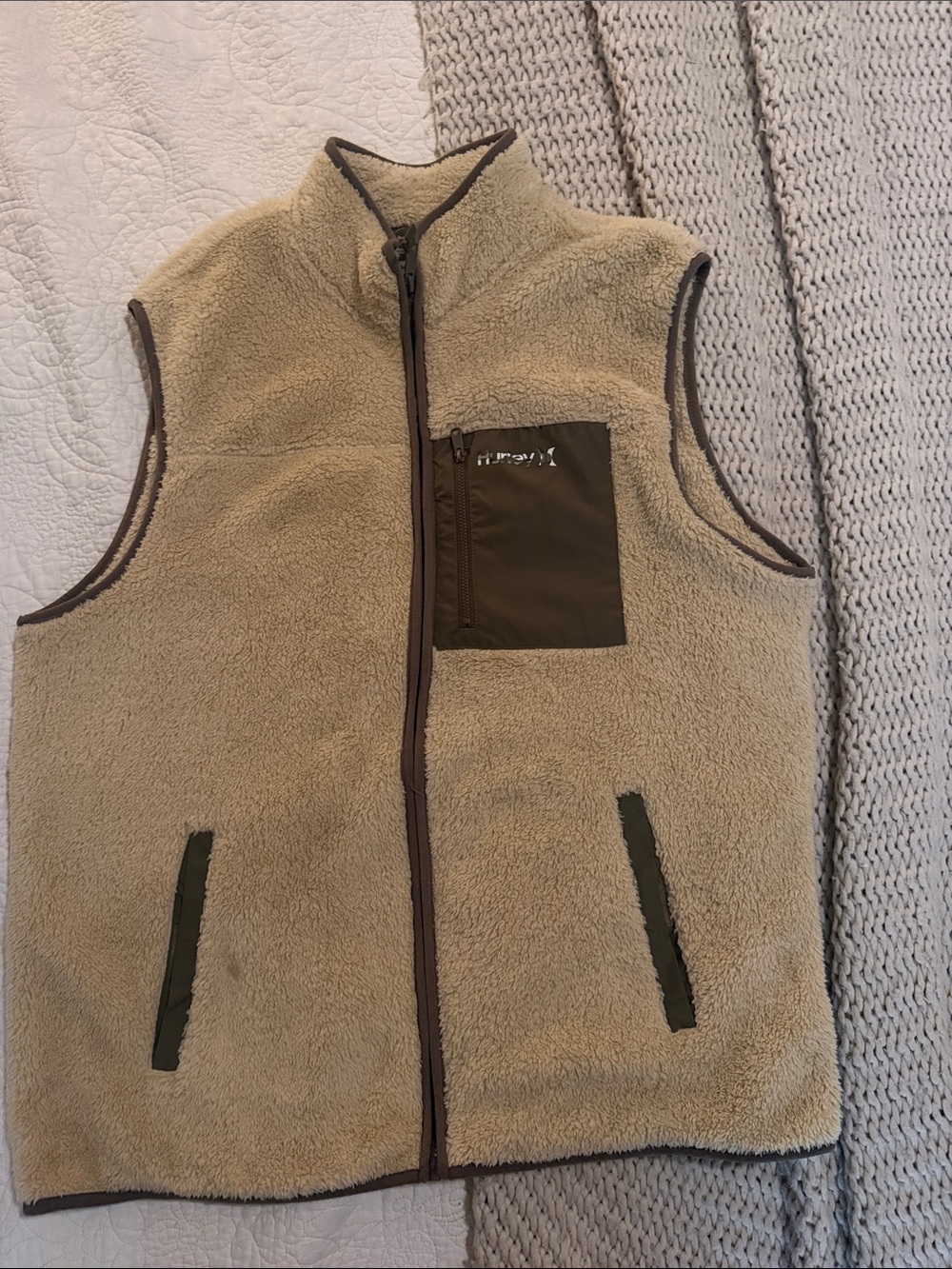 Hurley Tan Sherpa Vest with Olive Trim
